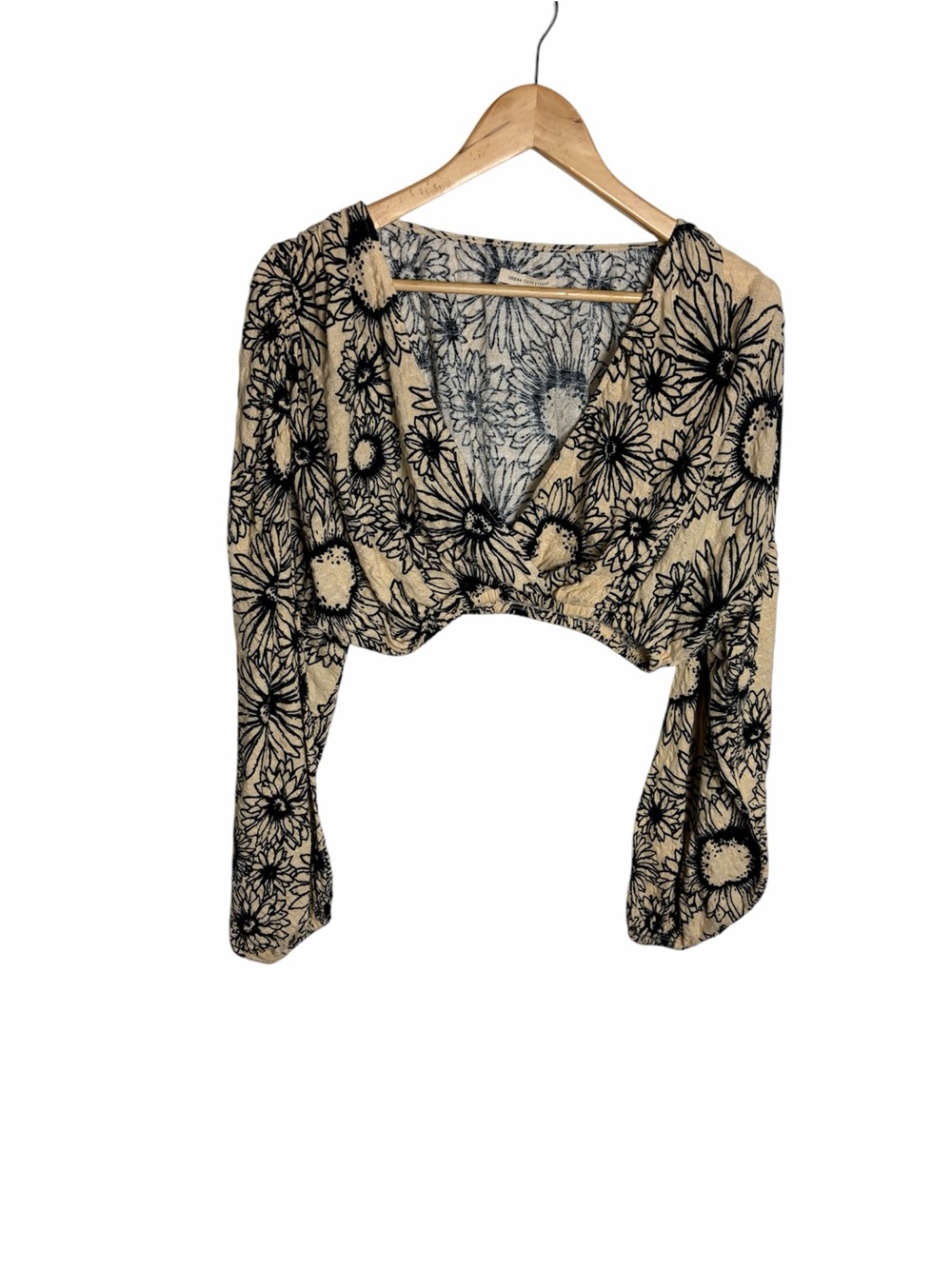 Urban outfitters cream floral sunflower doodle faux wrap balloon sleeve blouse S